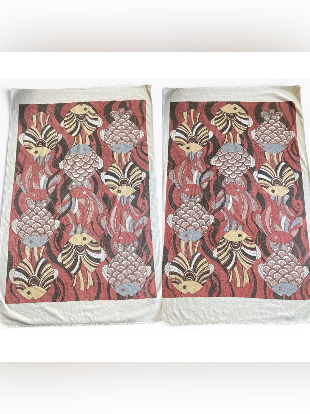 Set 2 Vintage Hilasal Koi Fish Print Cotton Beach Towels XL 46 1/2”x 68”